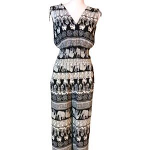 Almost Famous Women's Jumpsuit Rompers Black and White Elephant Print Size L/XL